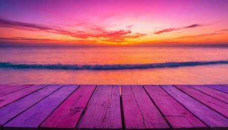Wooden floor on the beach and sunset sky background - can be used for display or montage your productsの素材