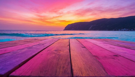 Colorful sunset over the sea and wood floor. Beautiful nature backgroundの素材