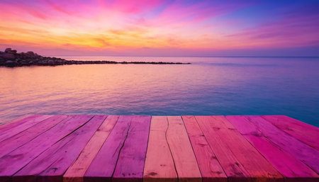 Empty wood table top with sea sunset background. For montage product displayの素材