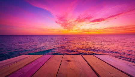 Wooden deck on the beach with sunset sky and sea background.の素材