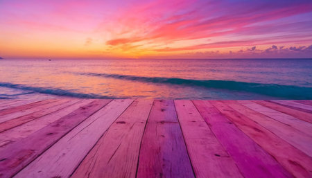 Wooden deck on the beach with beautiful sky and sea background.の素材