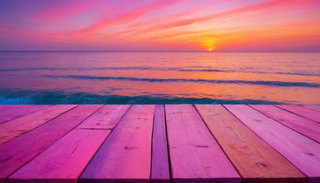 Wood table top on sunrise and sea background with space for your textの素材