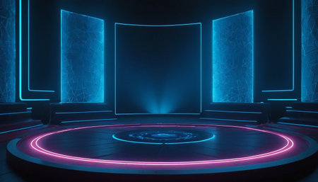 3d rendering, empty room with neon lights, virtual reality conceptの素材
