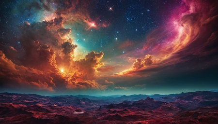 Fantasy alien planet. Mountain and nebula. 3D illustrationの素材