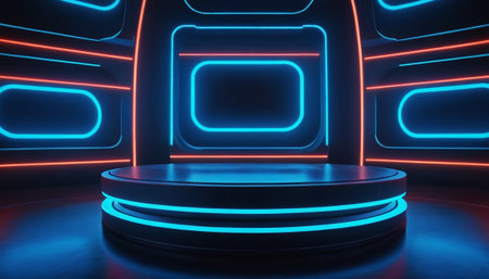 Abstract blue neon background with empty round podium. Mock up, 3D Renderingの素材