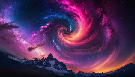 Milky way galaxy with stars and snow mountain in the background.の素材