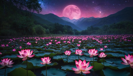 Beautiful pink lotus in the pond and full moon at nightの素材