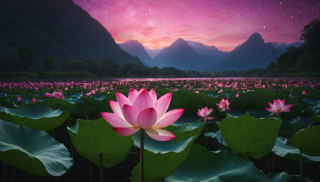 Beautiful pink lotus flower blooming in the lake with mountain backgroundの素材