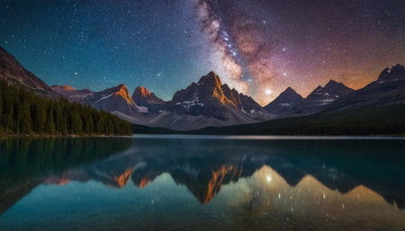 Milky Way over Moraine lake, Banff National Park, Alberta, Canadaの素材