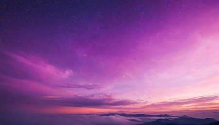 Fantastic starry sky with clouds at sunset. Panoramaの素材