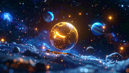 Space scene with planet and stars, 3d rendering. Computer digital drawing.の素材