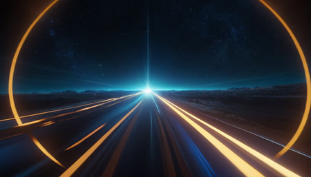3D Illustration of a highway through the night sky with motion blurの素材