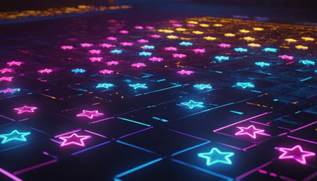 Neon glowing stars on a dark background. 3D Renderingの素材