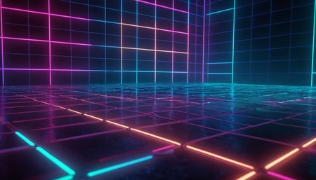 3d render, abstract geometric background with neon lights, square shape, cyberpunk styleの素材