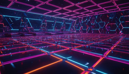 3D rendering of a cyber space corridor with neon lights and planetsの素材