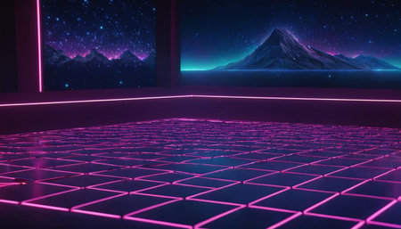 Futuristic scene with mountains and neon lights. 3d renderingの素材
