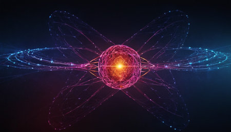 3d illustration of atom with glowing particles, concept of science and technologyの素材