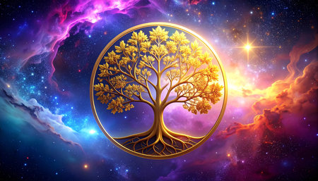 Fantasy illustration with golden tree in circle and cosmic space. 3D renderingの素材