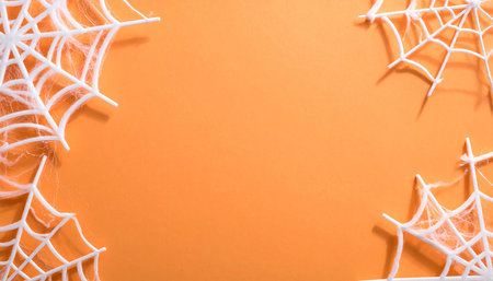 White spider web on orange background. Halloween concept. Space for text.の素材