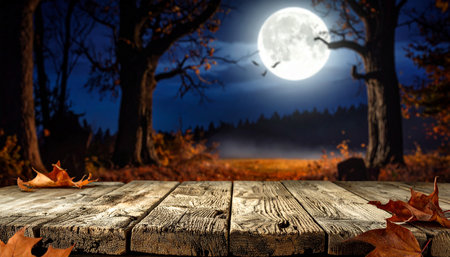 Empty table for product display montages with autumn forest and full moonの素材