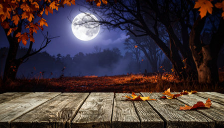 Empty table in autumn forest at night with full moon. Ready for product display montageの素材