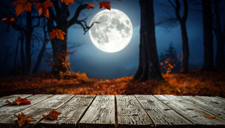 Empty table for product display montages with autumn forest and full moonの素材