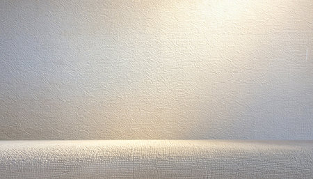Empty room with white wall and floor for product display. Abstract background.の素材
