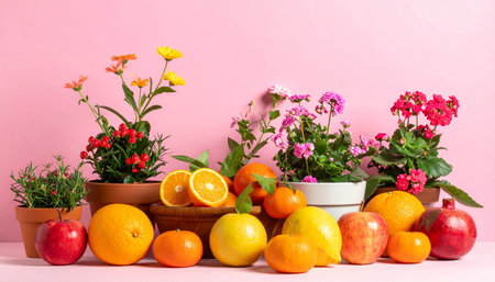 Variety of fruits and flowers in pots on a pink background.の素材