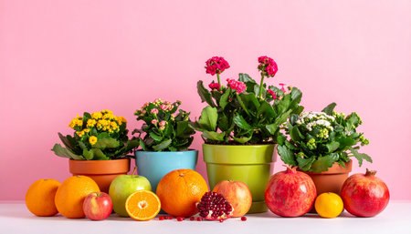 Fruits and vegetables in pots on white table against pink wall.の素材