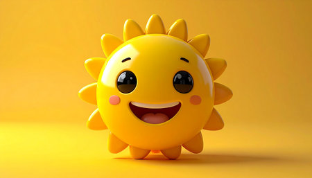 Smiling sun character isolated on orange background. 3d illustration.の素材