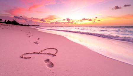 Heart drawn on the beach at beautiful sunset time, valentine conceptの素材
