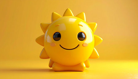 Smiling yellow sun on a yellow background. 3d illustration.の素材