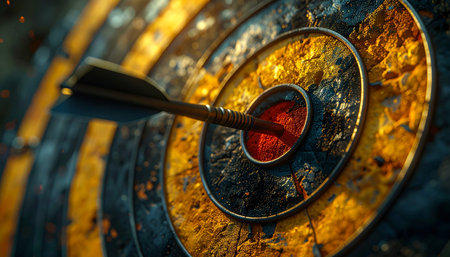 Close up of a dart hitting a bullseye in a targetの素材