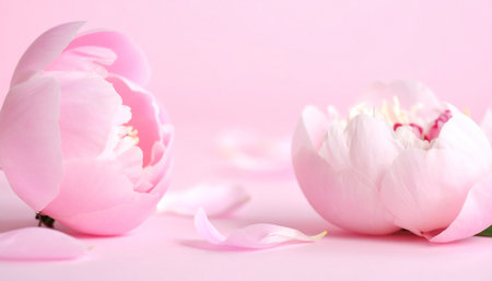 Peony flowers and petals on pink background, space for textの素材