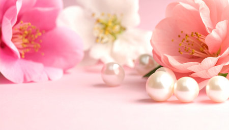 Pearl necklace and pink cherry blossom on pastel pink backgroundの素材