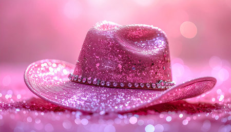 Pink cowboy hat on a pink background with bokeh lights.の素材