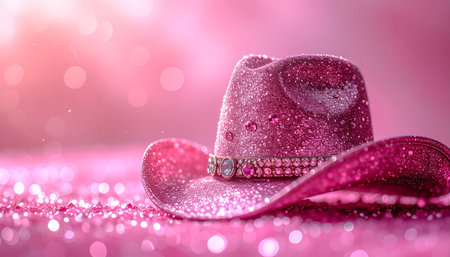 Pink cowboy hat on pink bokeh background with copy space.の素材