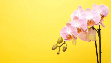 Pink orchid flower on yellow background with copy space for text.の素材