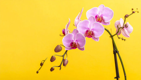 Pink orchid on yellow background. Copy space. Flat lay.の素材