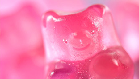 Gummy bear candies on pink background. Close-up.の素材