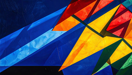 Colorful abstract background with geometric shapes in blue, orange, yellow, green and purple colorsの素材