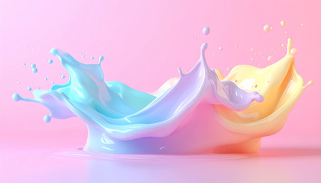 3d rendering of a colorful liquid splash on a pink background.の素材