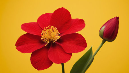 Beautiful red flower on a yellow background. Close-up.の素材