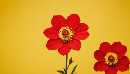 red dahlia flower on yellow background with copy space for textの素材