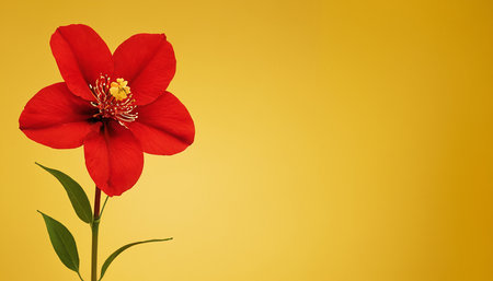 Red flower on a yellow background with space for your text or imageの素材