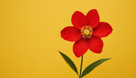 Red hellebore on a yellow background. Place for text.の素材