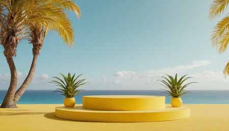 Yellow podium on the beach with palm trees. 3d render.の素材