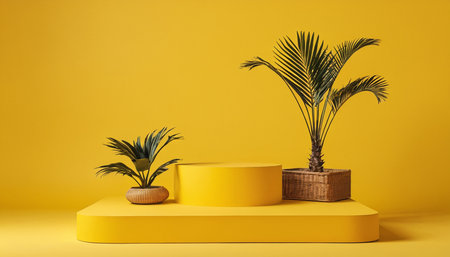 Minimalist display podium with palm tree on yellow background. 3d renderの素材