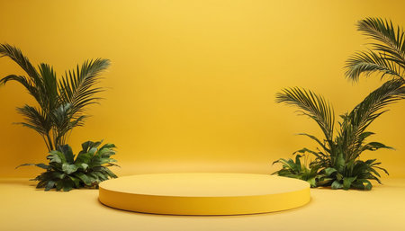 Yellow podium with palm leaves and plants on yellow background. 3d renderの素材