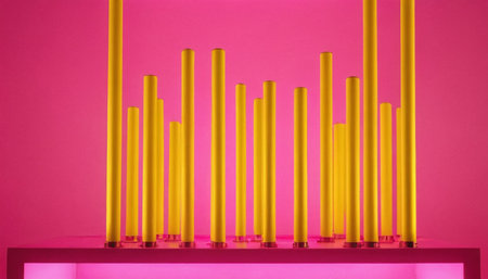 3d rendering of abstract geometric shapes in pink and yellow colors.の素材